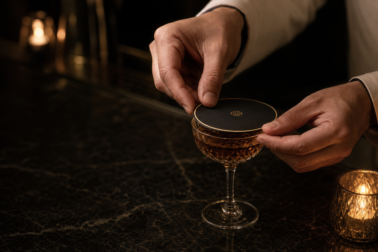 A bartender sealing a cocktail with a LoQQed drink seal